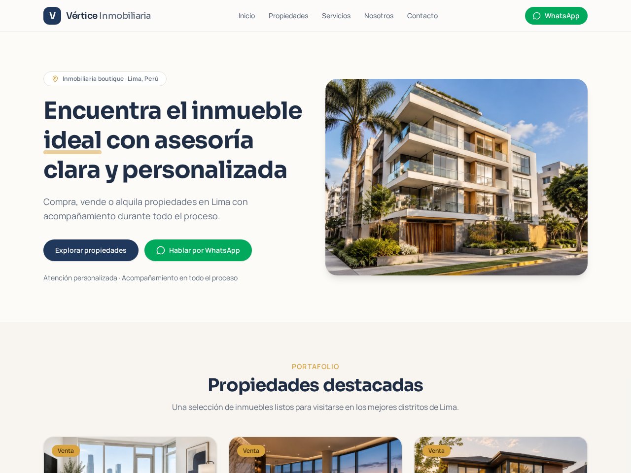 Captura real de la demo Vértice Inmobiliaria, web inmobiliaria ficticia